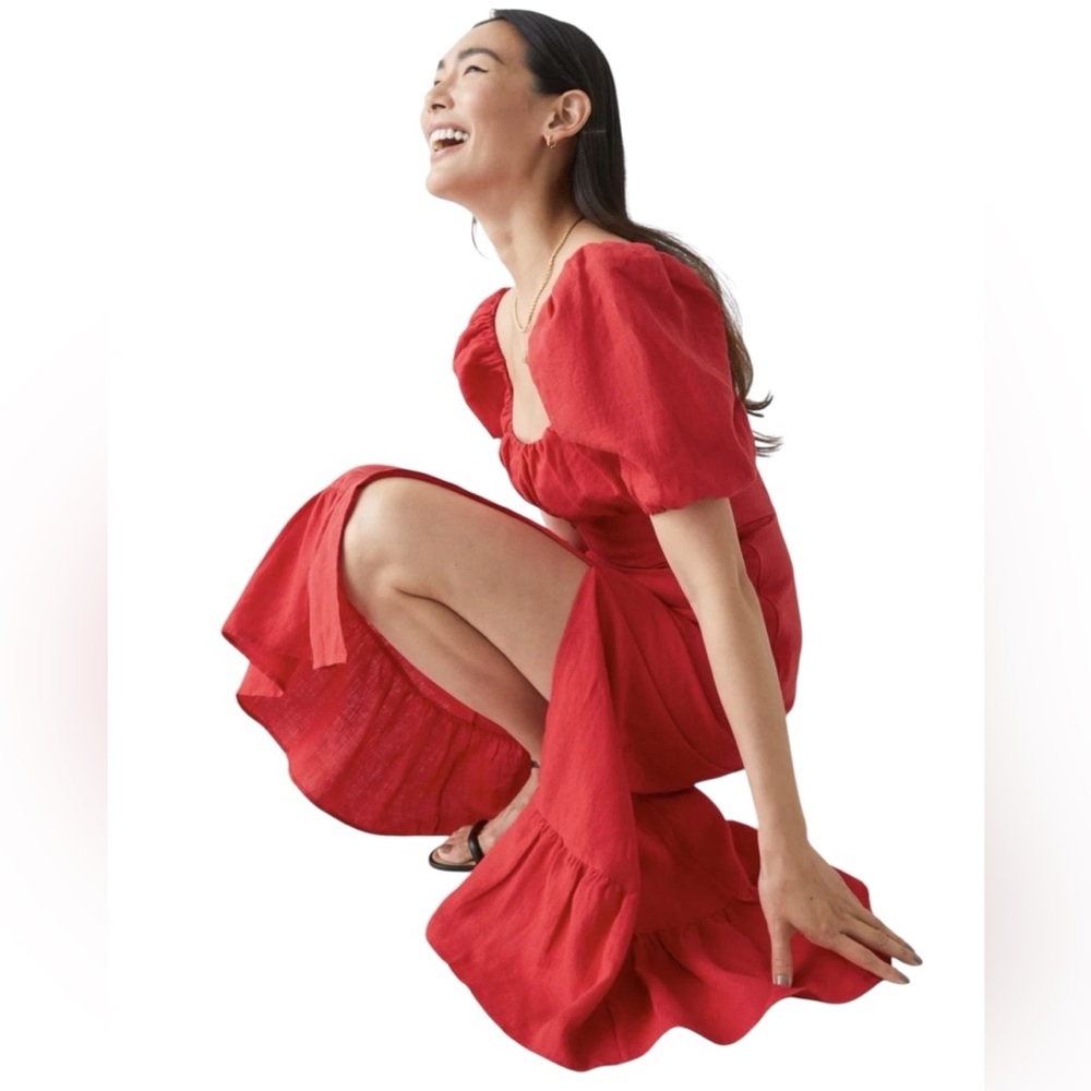 & Other Stories NWT linen puff sleeve midi summer dress in red in Sz 32 (XS) - Picture 2 of 11